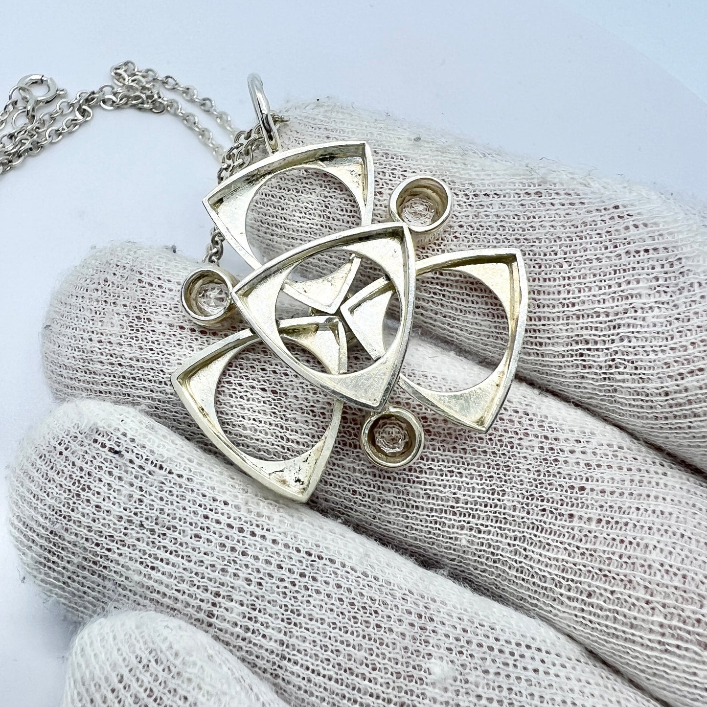 Salovaara, Finland c 1970s. Vintage Sterling Silver Rock Crystal Pendant Necklace.