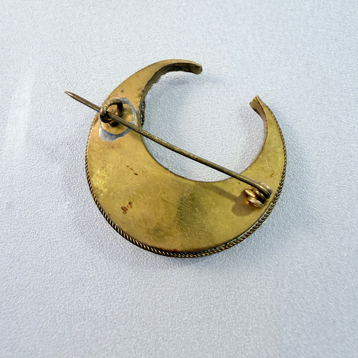 Italy early 1900s. Micro Mosaic Yellow Metal Crescent Moon Brooch.