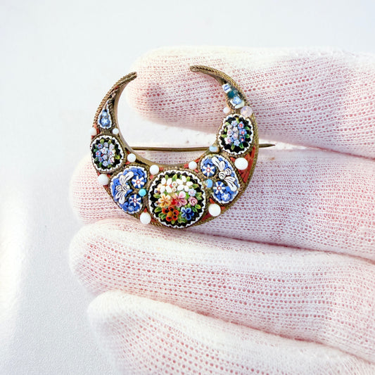 Italy early 1900s. Micro Mosaic Yellow Metal Crescent Moon Brooch.