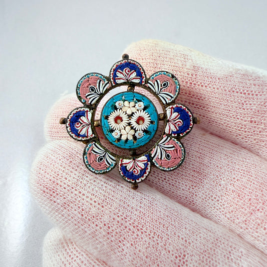 PG, Italy ca 1940-50s. Micro Mosaic Yellow Metal Flower Brooch.