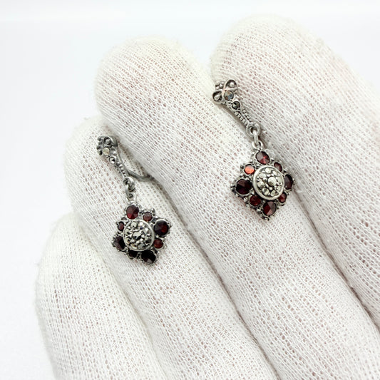 Vintage c 1940s. Solid Silver Marcasite Red Paste Earrings.