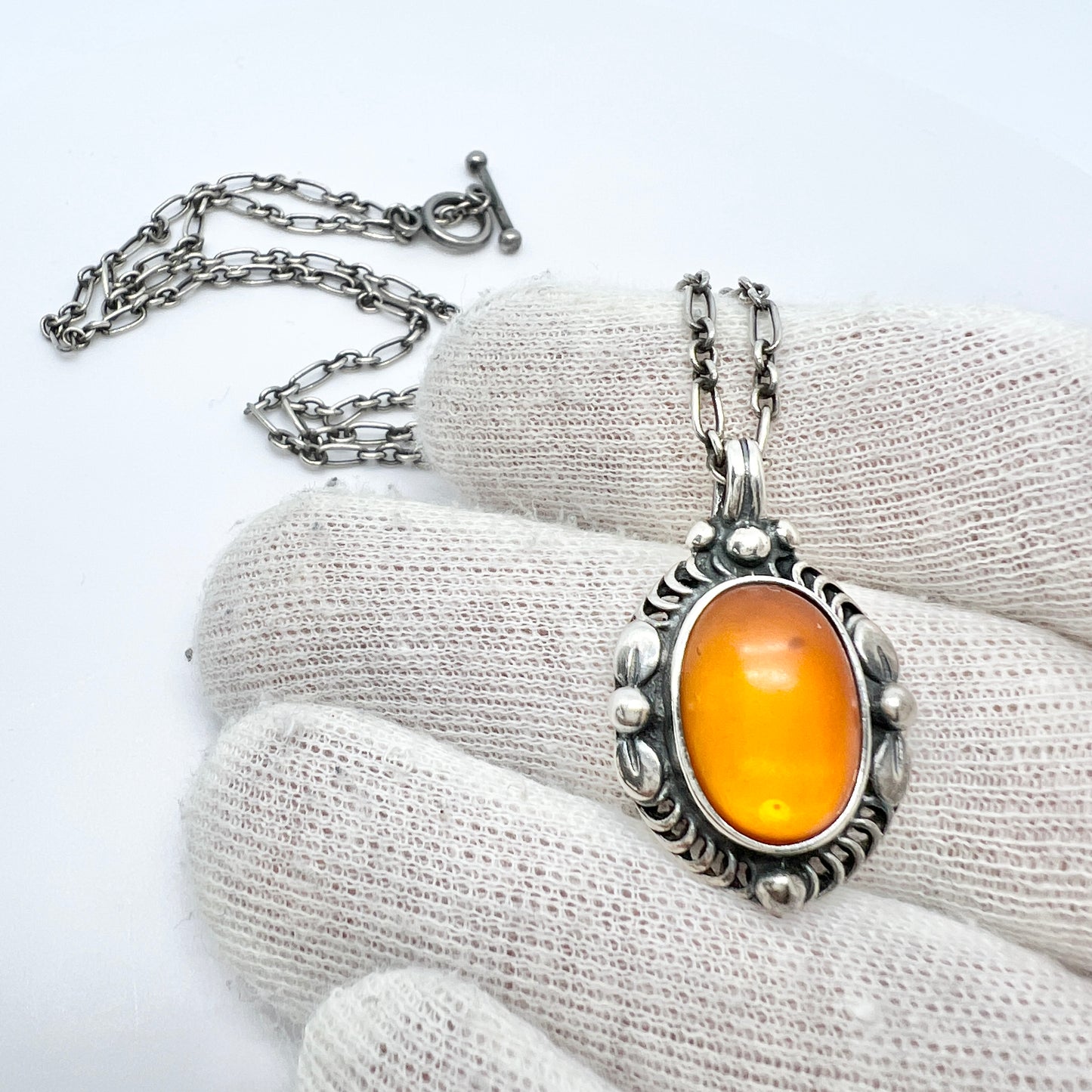 Georg Jensen, Denmark. Vintage Sterling Silver Amber Pendant Necklace. Heritage 1995 Collection.
