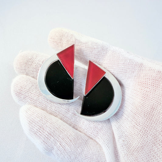 Large Vintage c 1980s. Sterling Silver Red and Black Decoration Earrings.