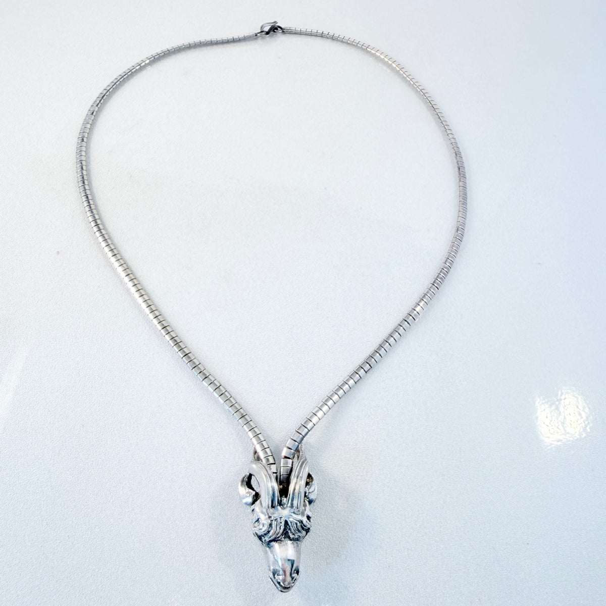 Vintage Sterling Silver Ram Head Pendant Necklace.