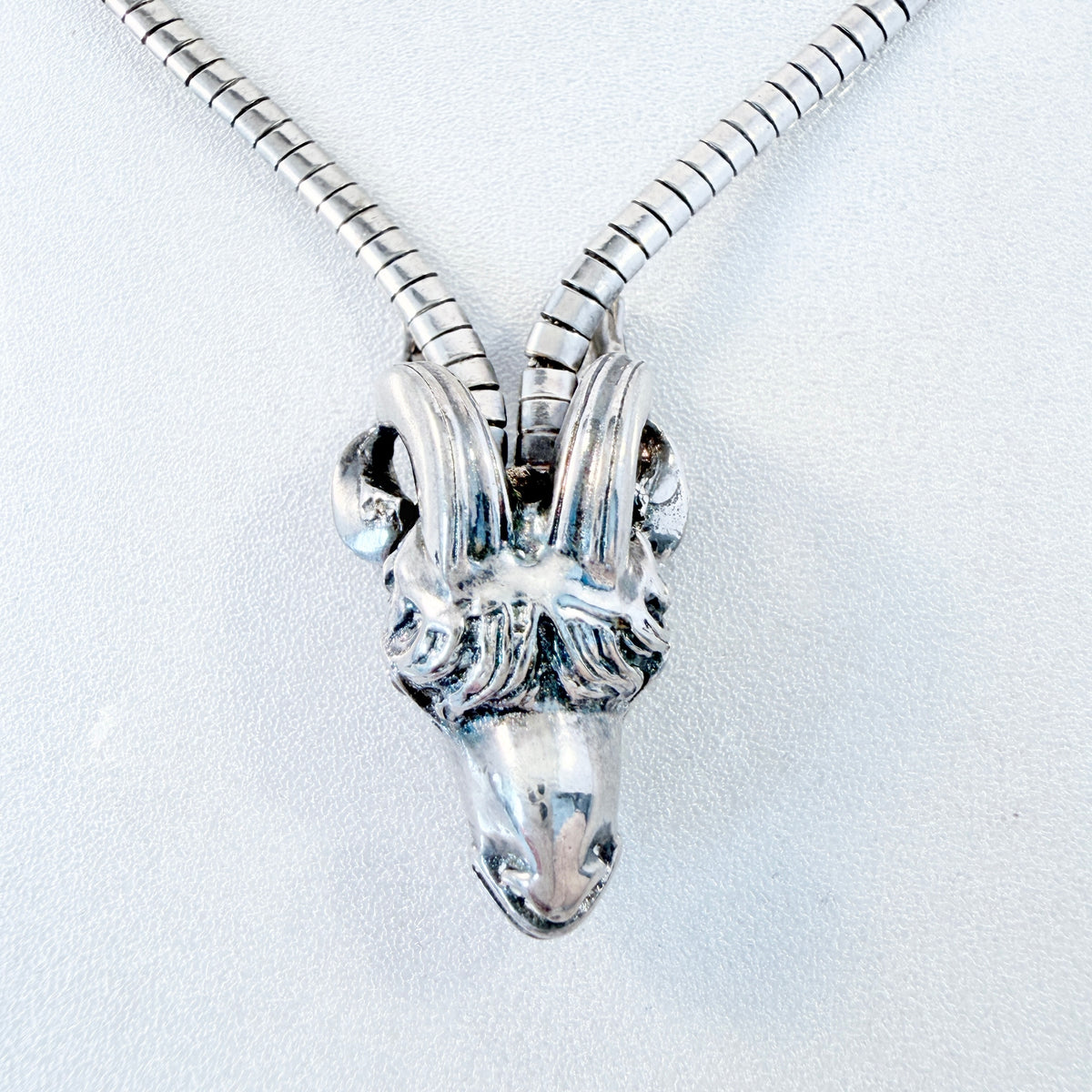 Vintage Sterling Silver Ram Head Pendant Necklace.