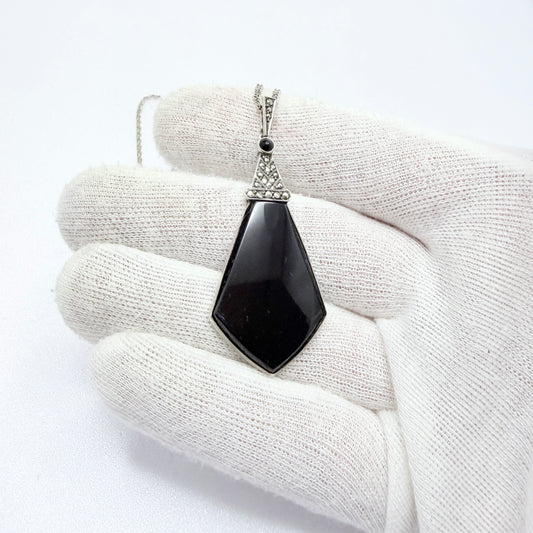 Vintage Art Deco Solid Silver Onyx Marcasite Pendant Necklace.