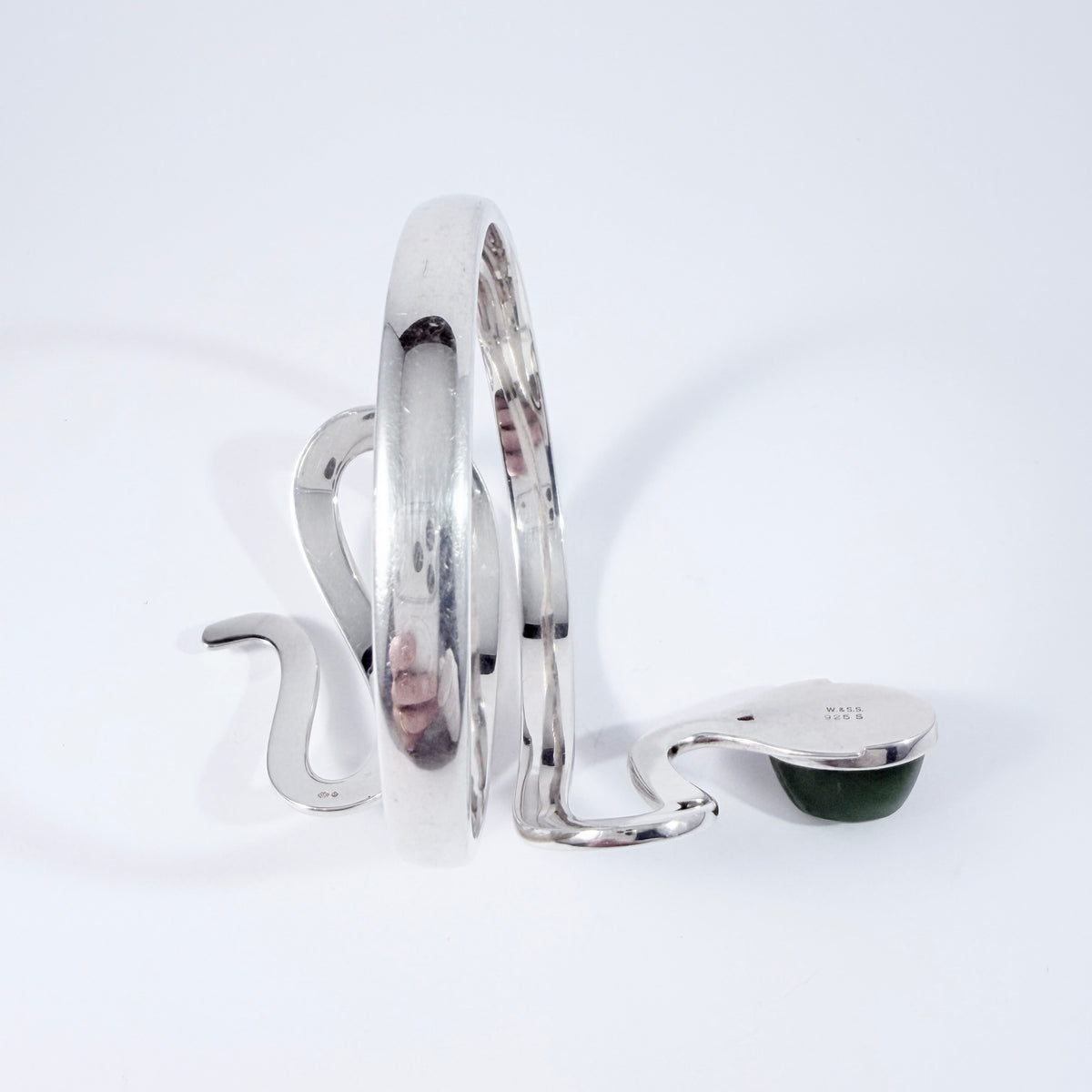 W. & S. Sørensen, Denmark c 1960s. Bold Vintage Sterling Silver Nephrite / Jade Snake Arm-band Bracelet.