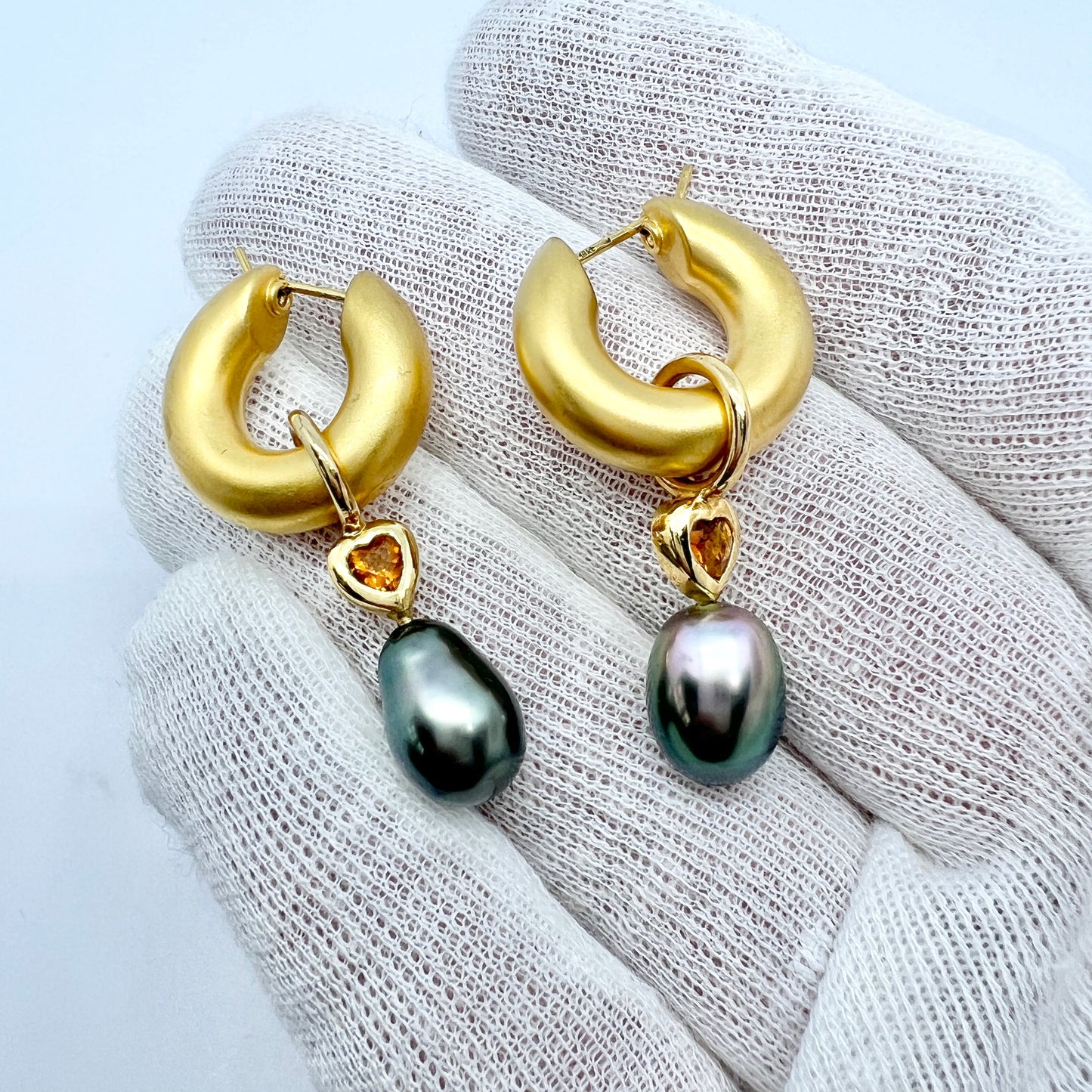 Vintage 18k Gold Citrine Heart Tahitian Pearl Earrings.