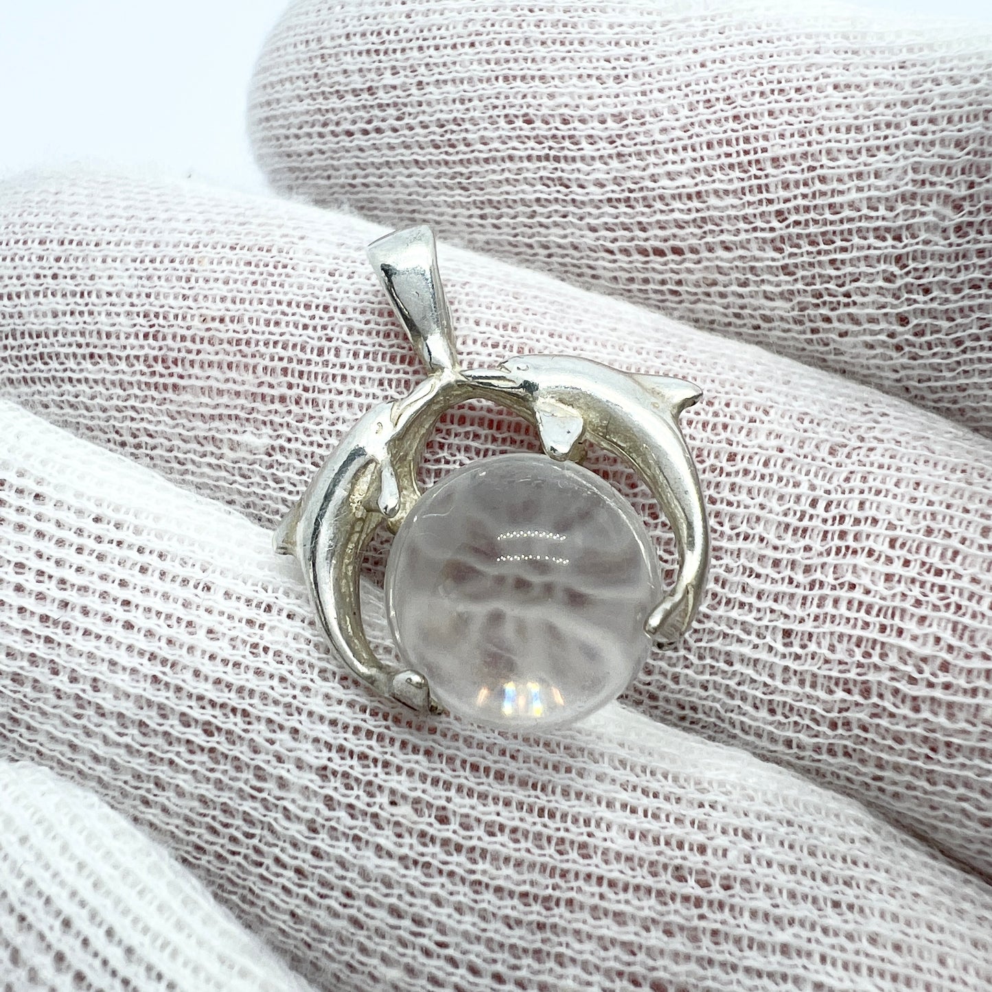 Vintage Sterling Silver Pool of Light Quartz Dolphin Pendant.