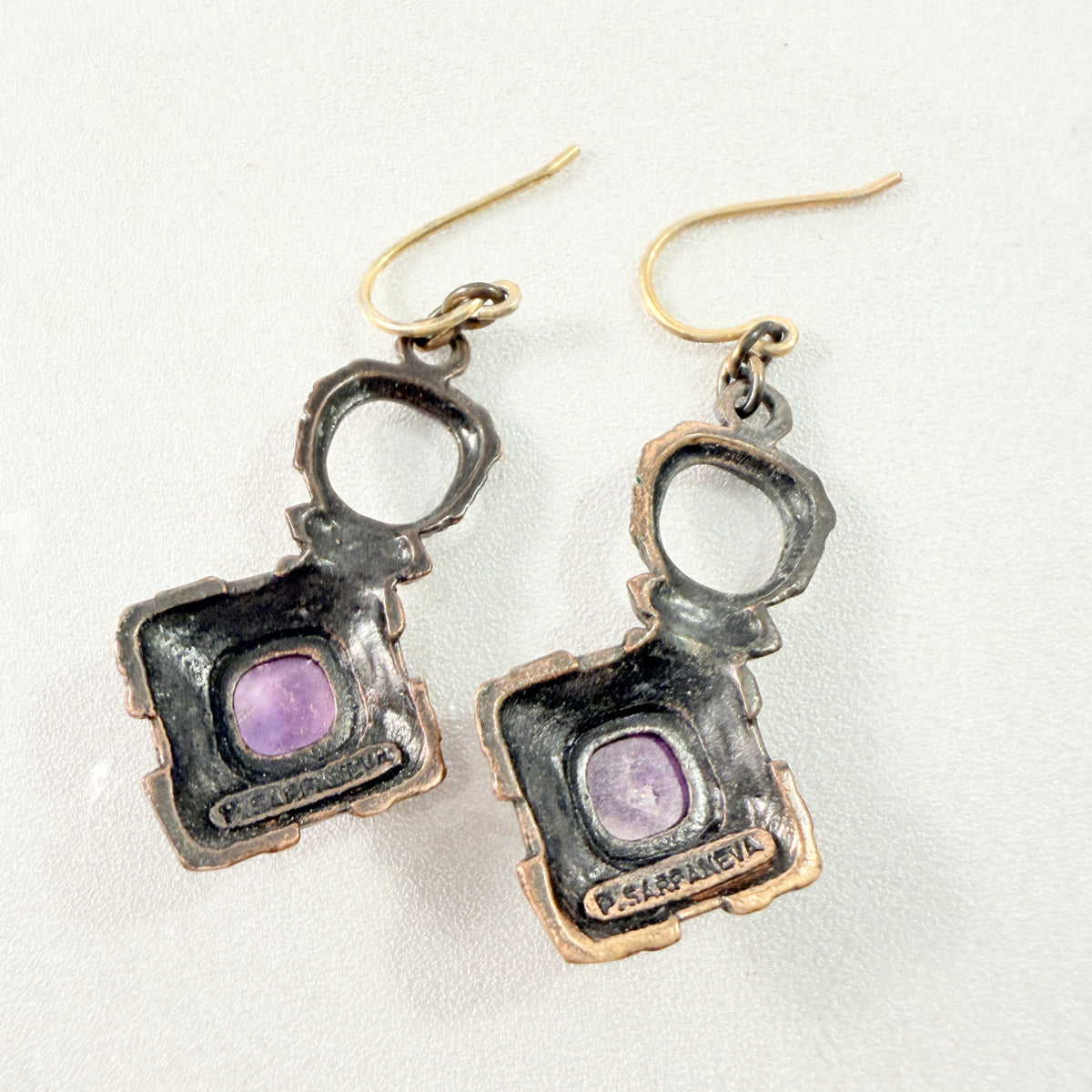Pentti Sarpaneva, Finland 1970s. Vintage Bronze Raw Amethyst Earrings.