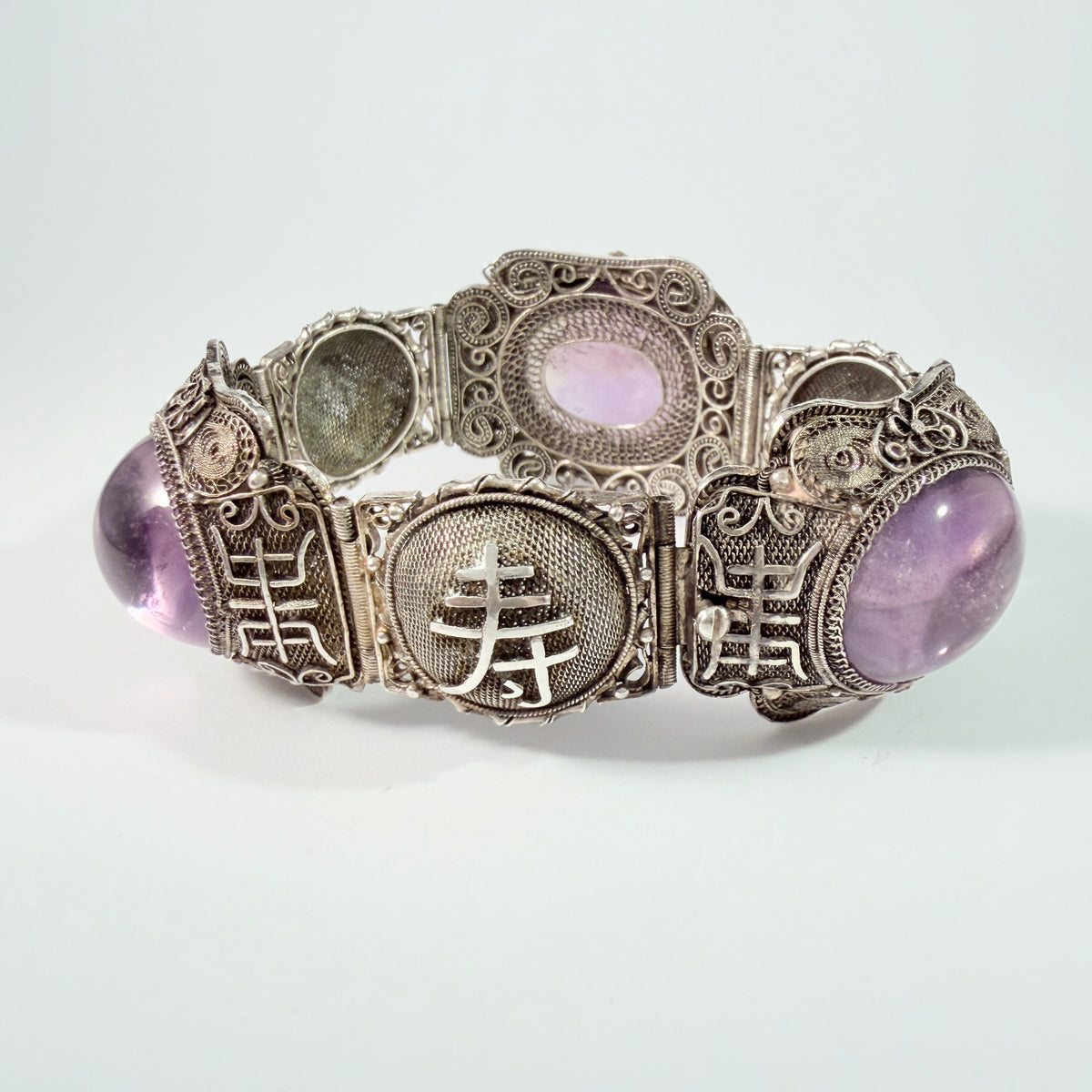Chinese Export ca 1950s. Bold Vintage Solid Silver Filigree Amethyst Bracelet.