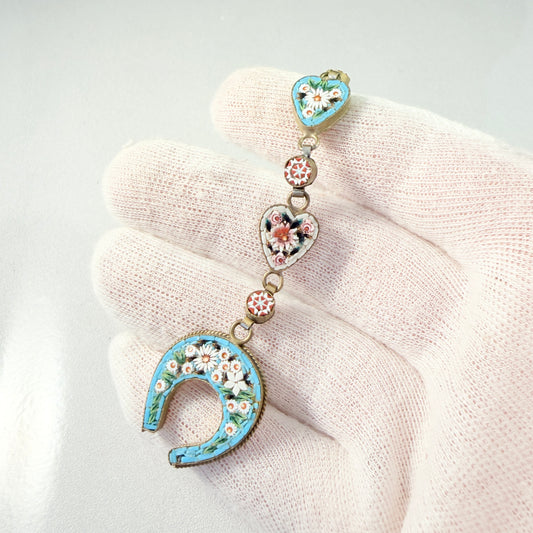Italy early 1900s. Antique / Vintage Micro Mosaic Lucky Horseshoe Watch Chatelaine Fob.