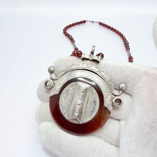 Tuareg People, Africa. Chunky Vintage Silver Carnelian Pendant Necklace.