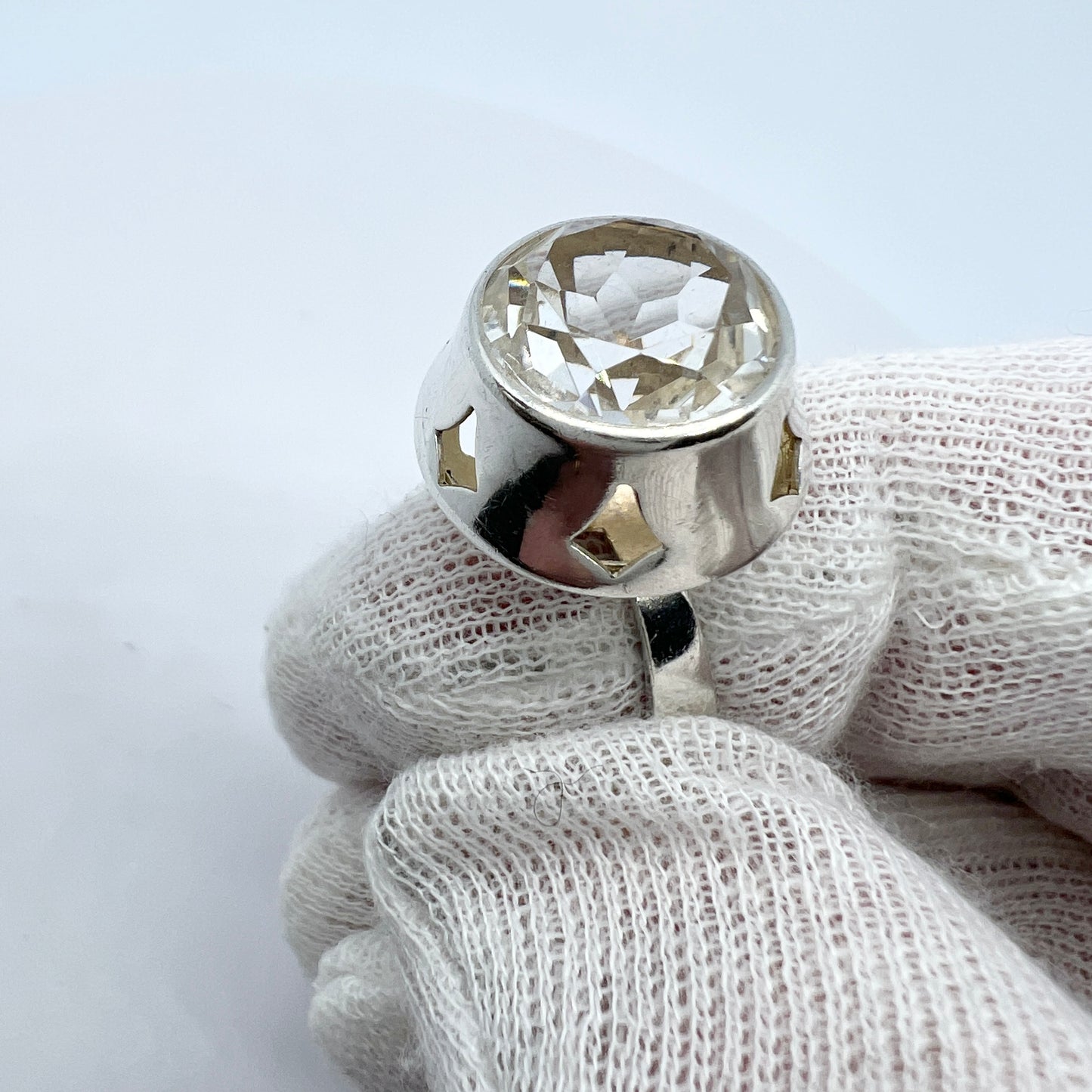 Finland c 1960s. Solid Silver Rock Crystal Ring.