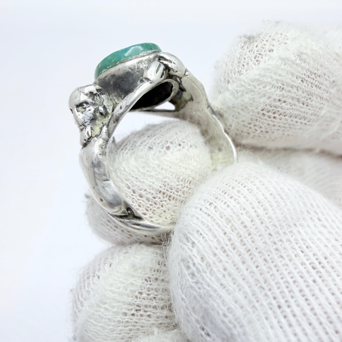 Antique Renaissance Revival Silver Turquoise Satyrs Shoulders Ring.