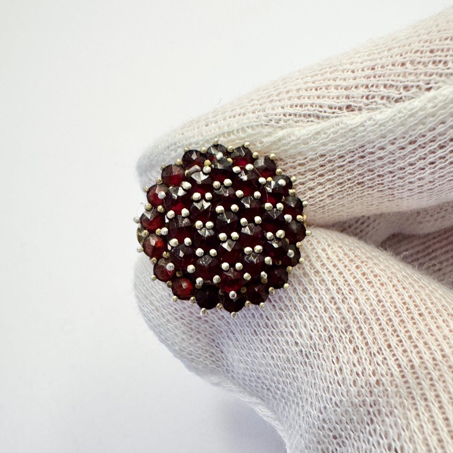 Vintage ca 1940s. Gilt 830 Silver Bohemian Garnet Cluster Ring.