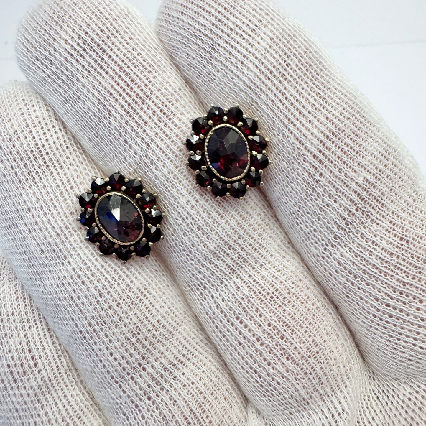 Vintage c 1940s. Gilt 830 Silver Bohemian Garnet Cluster Earrings.