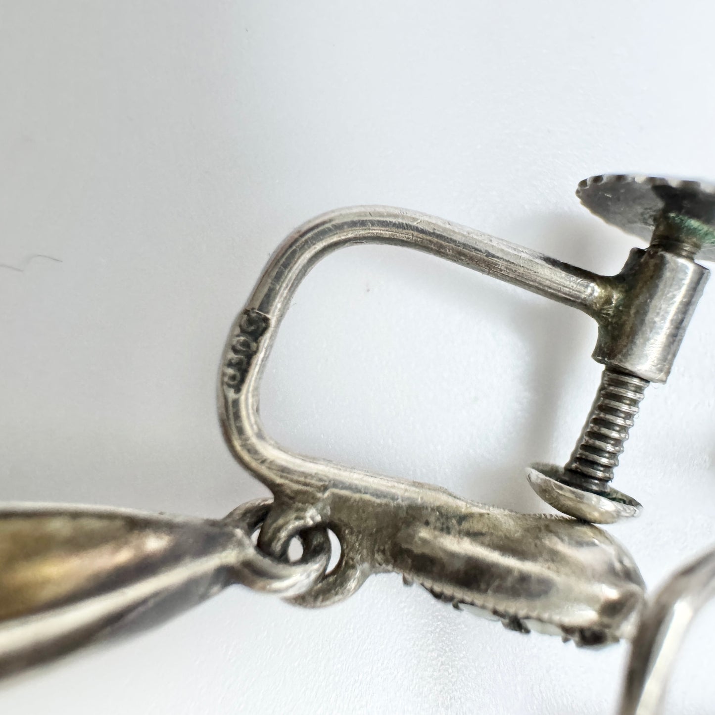 Sweden 1940s. Vintage Solid Silver Onyx Marcasite Dangle Earrings.