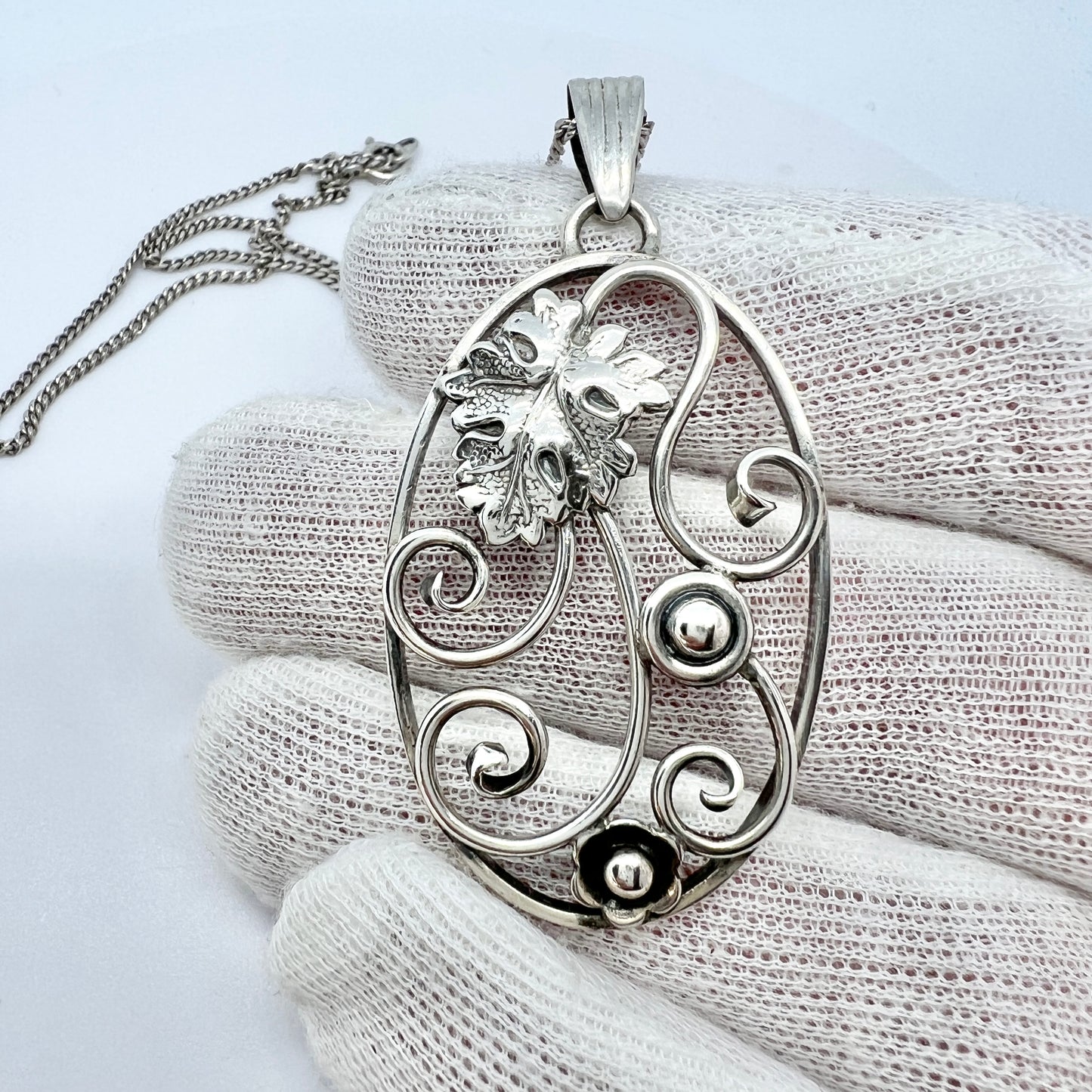 Denmark 1940-50s. Vintage Solid Silver Pendant + Chain.
