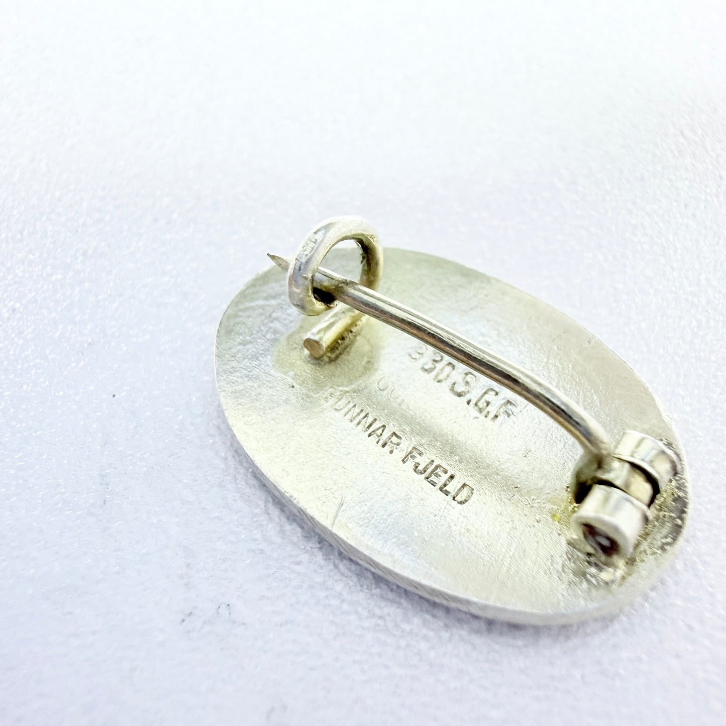 Gunnar Fjeld, Norway. Vintage Sterling Silver Amber Orange Enamel Brooch.
