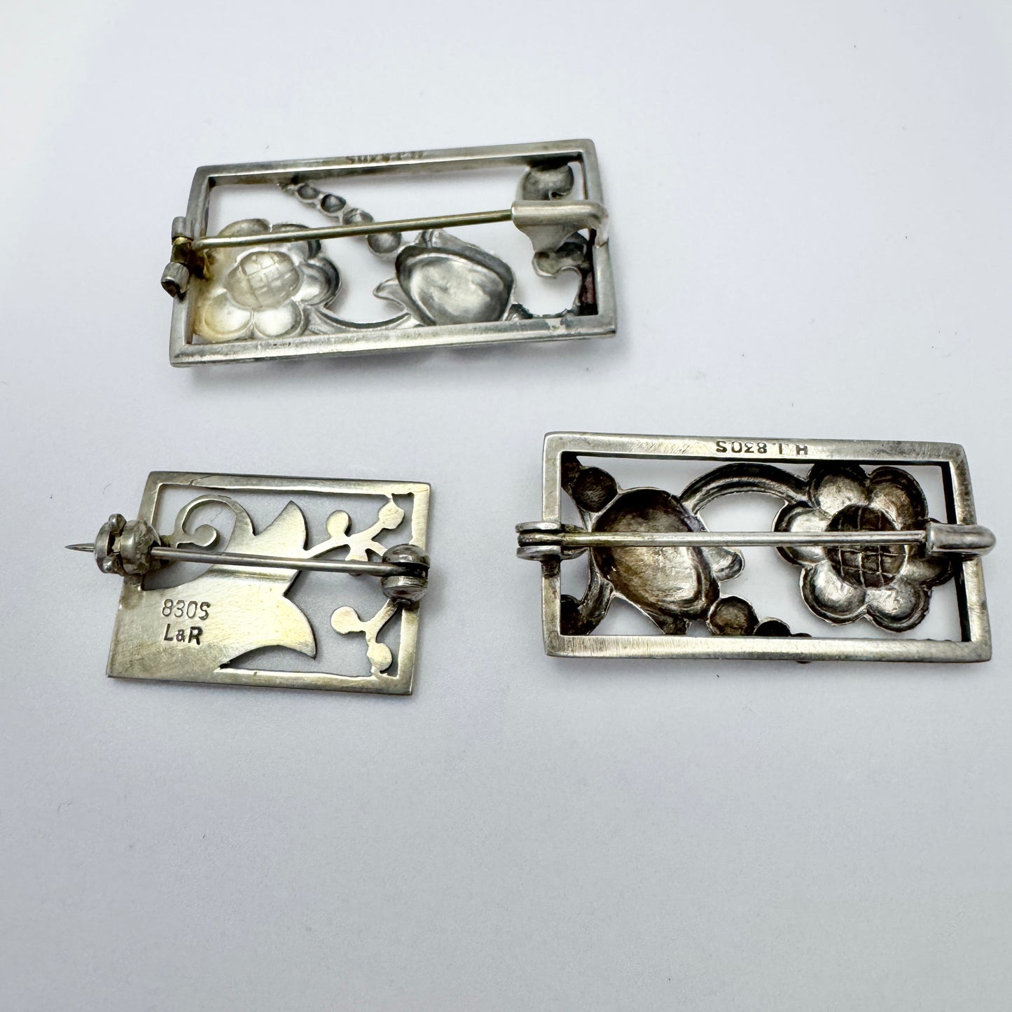 Three Vintage Danish 1930-40s Solid Silver Floral Brooches.