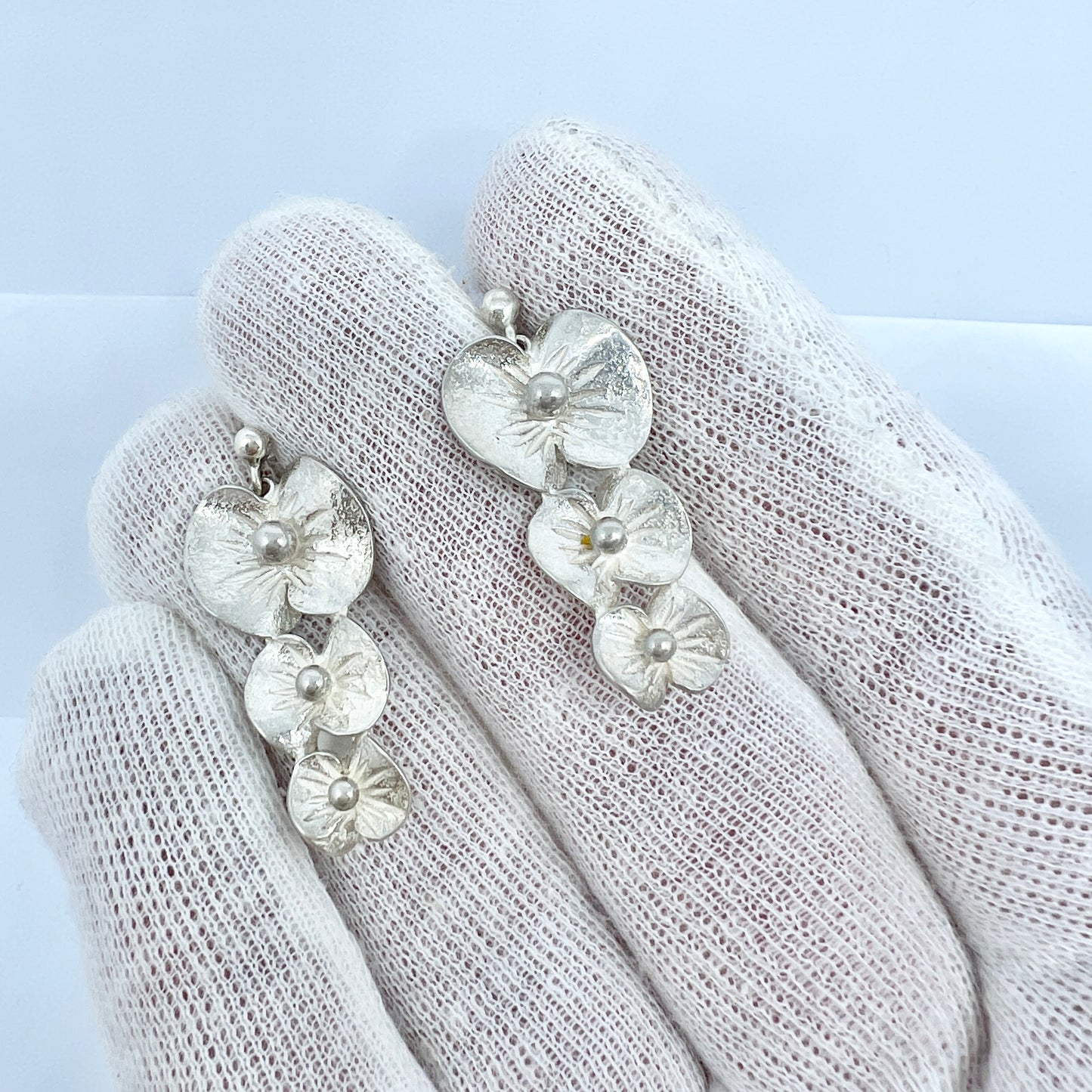Theresia Hvorslev for MEMA, Sweden 1976. Vintage Sterling Silver Earrings. Design: Apple Blossom. Signed