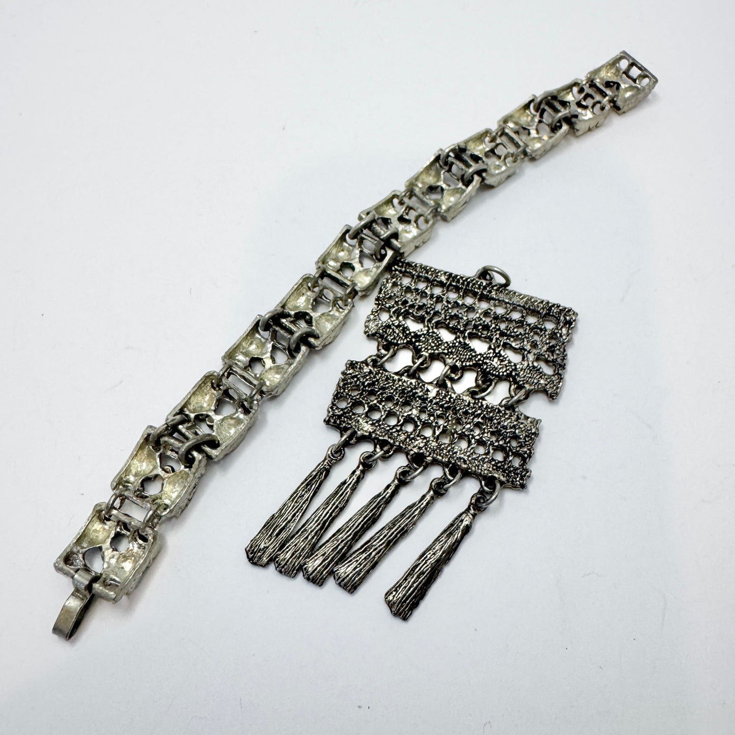 Finland. Vintage Modernist White Metal Bracelet and Pendant. Prob. Tapani Vanhatalo