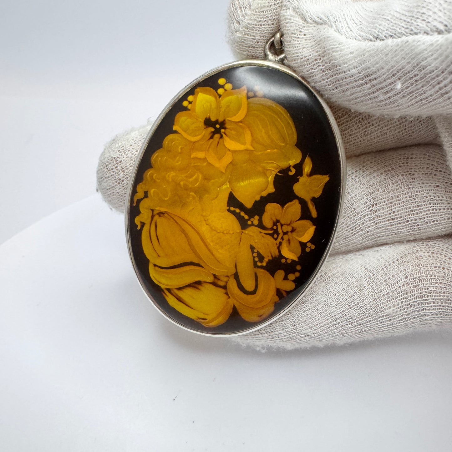 Gdansk Poland. Vintage Sterling Silver Carved Amber Intaglio Pendant