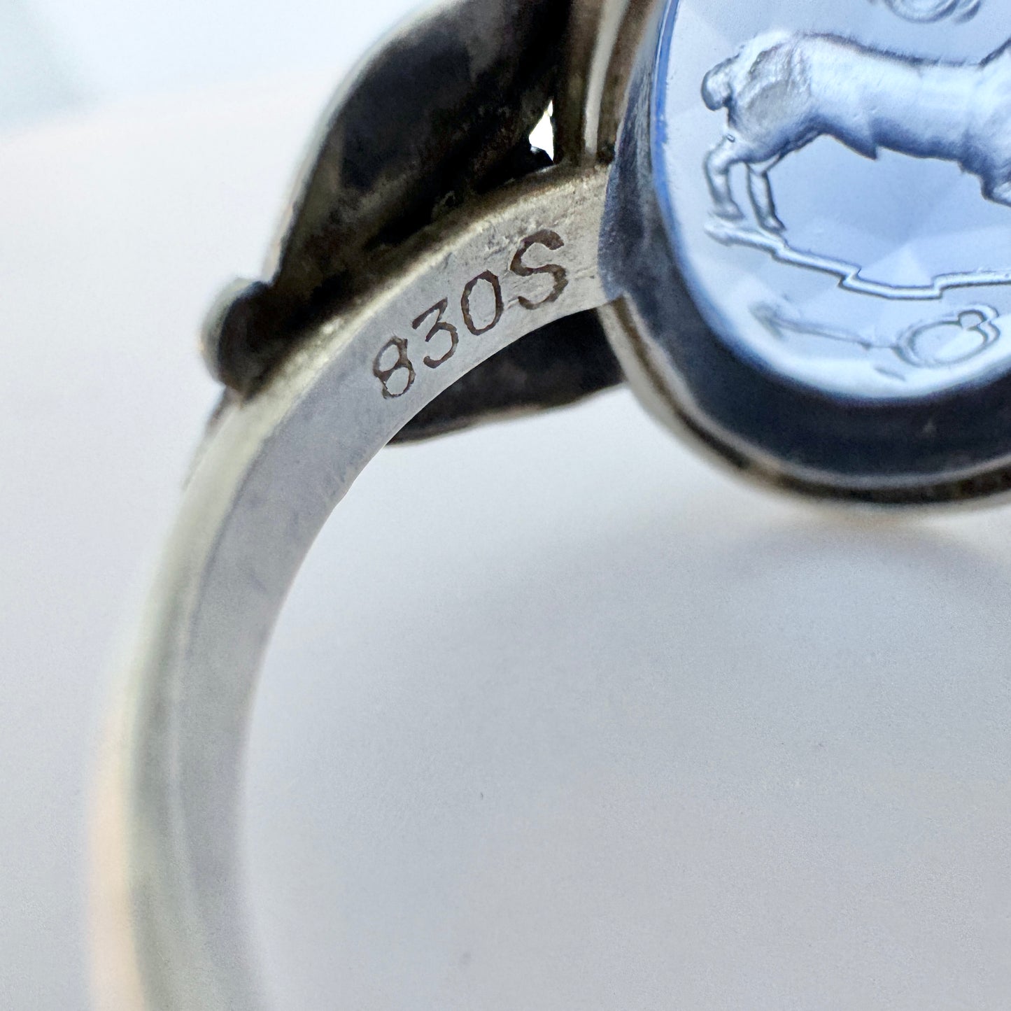 Denmark ca 1940-50s. Solid Silver Carved Paste Stone Zodiac Capricorn Signet Ring.