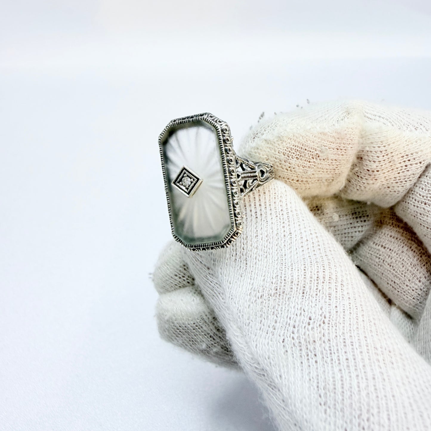 Vintage Sterling Silver Diamond Camphor glass Art Deco-style Ring.