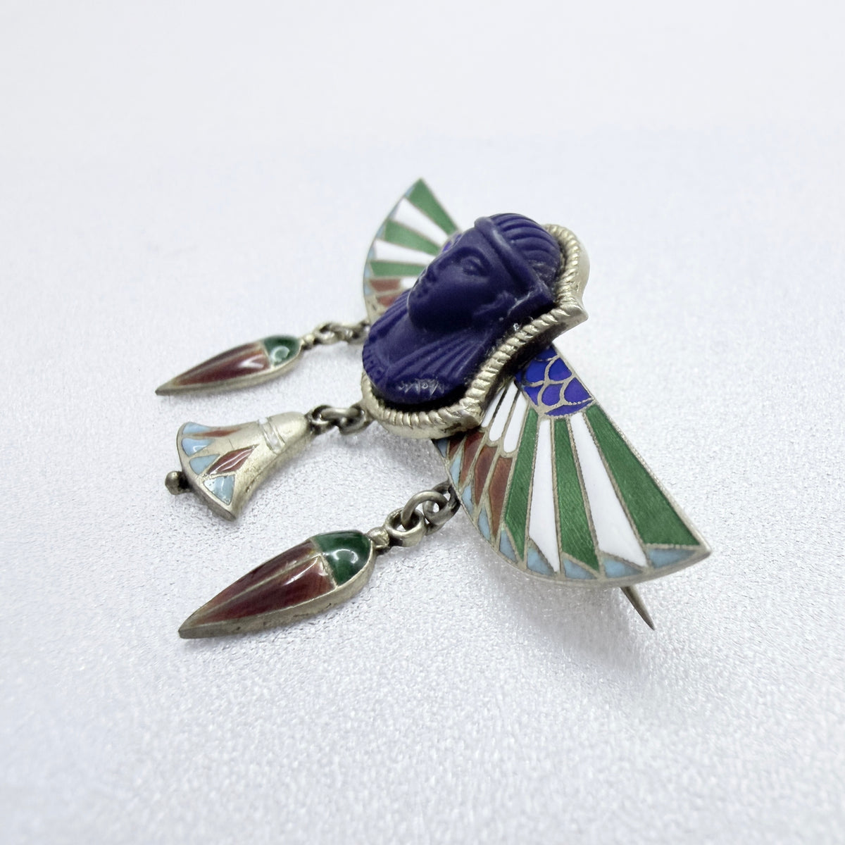 Art Deco Egyptian Revival Silver Enamel Brooch.