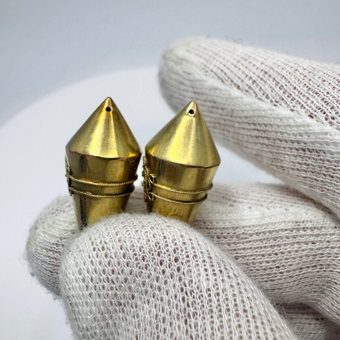 L Larsson, Sweden. Antique Victorian Etruscan Revival 18k Gold Enamel Pearl Torpedo Earrings.