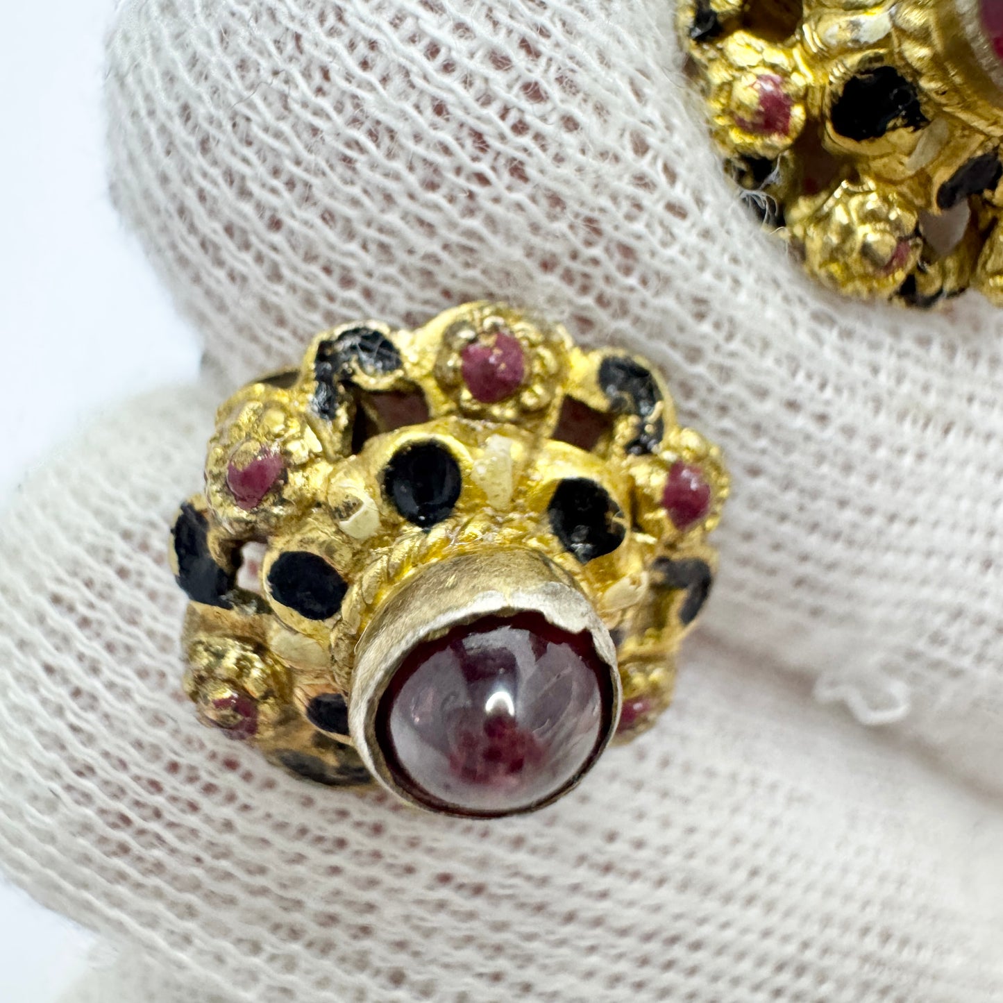 Vintage 1930-40s. Gilt Solid Silver Garnet Enamel Earrings.