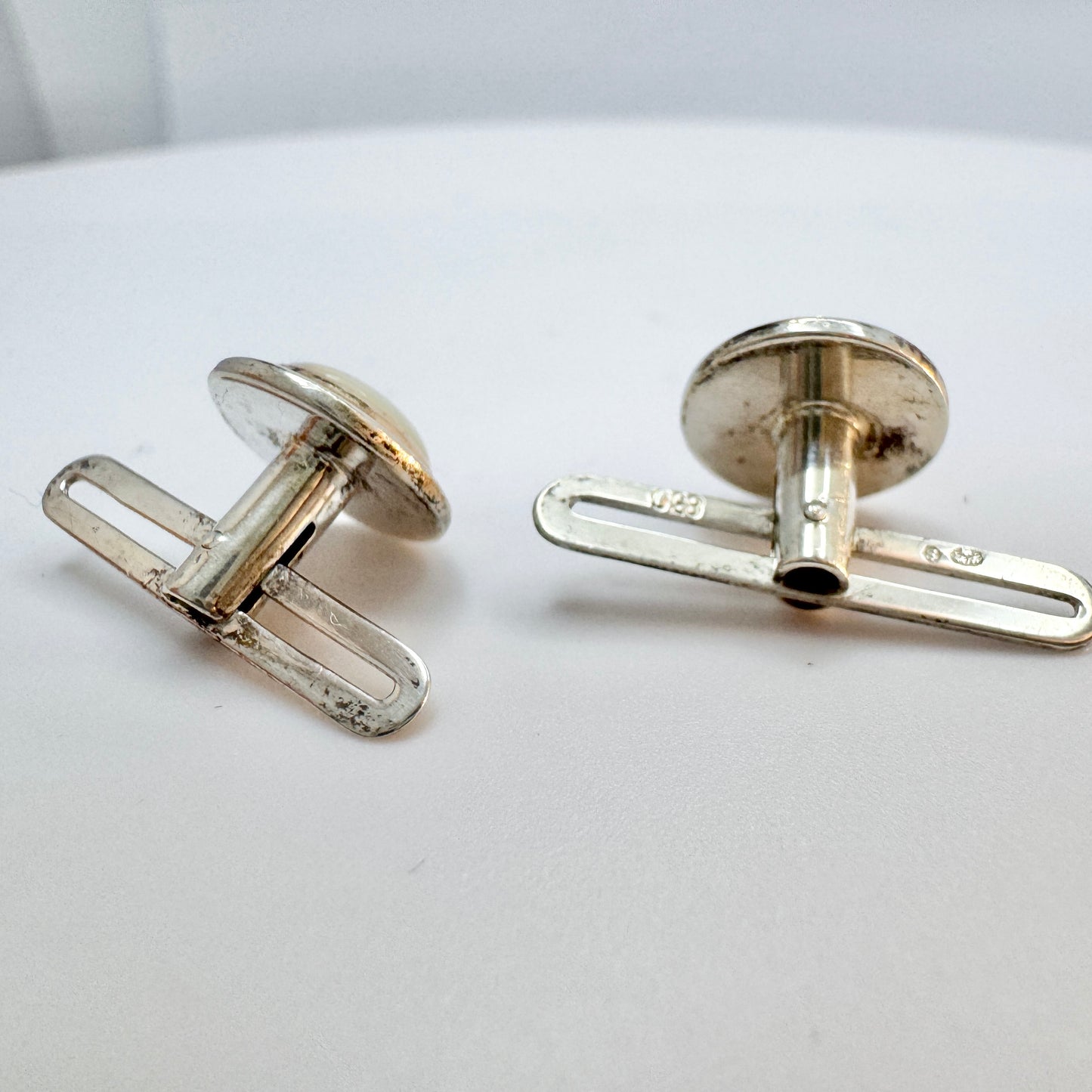 Sweden ca 1940s. Vintage Solid Silver Moonstone Shirt Buttons.