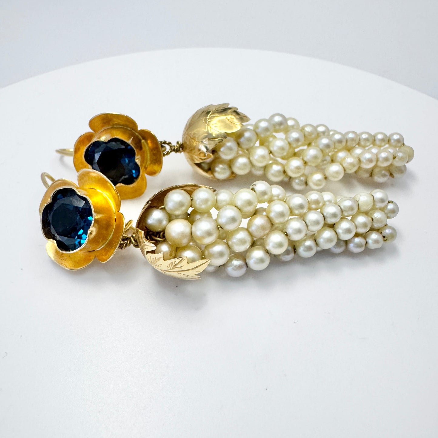 Vintage 18k Gold Pearl Deep Blue Synthetic Spinel Large Earrings 28.5gram