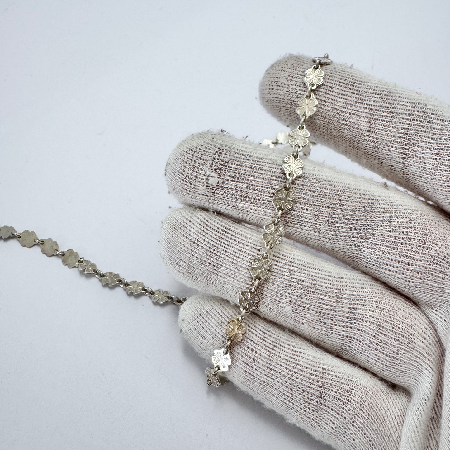 Vintage c 1950s Solid Silver Four-leaf Clover Necklace. Prob Denmark.