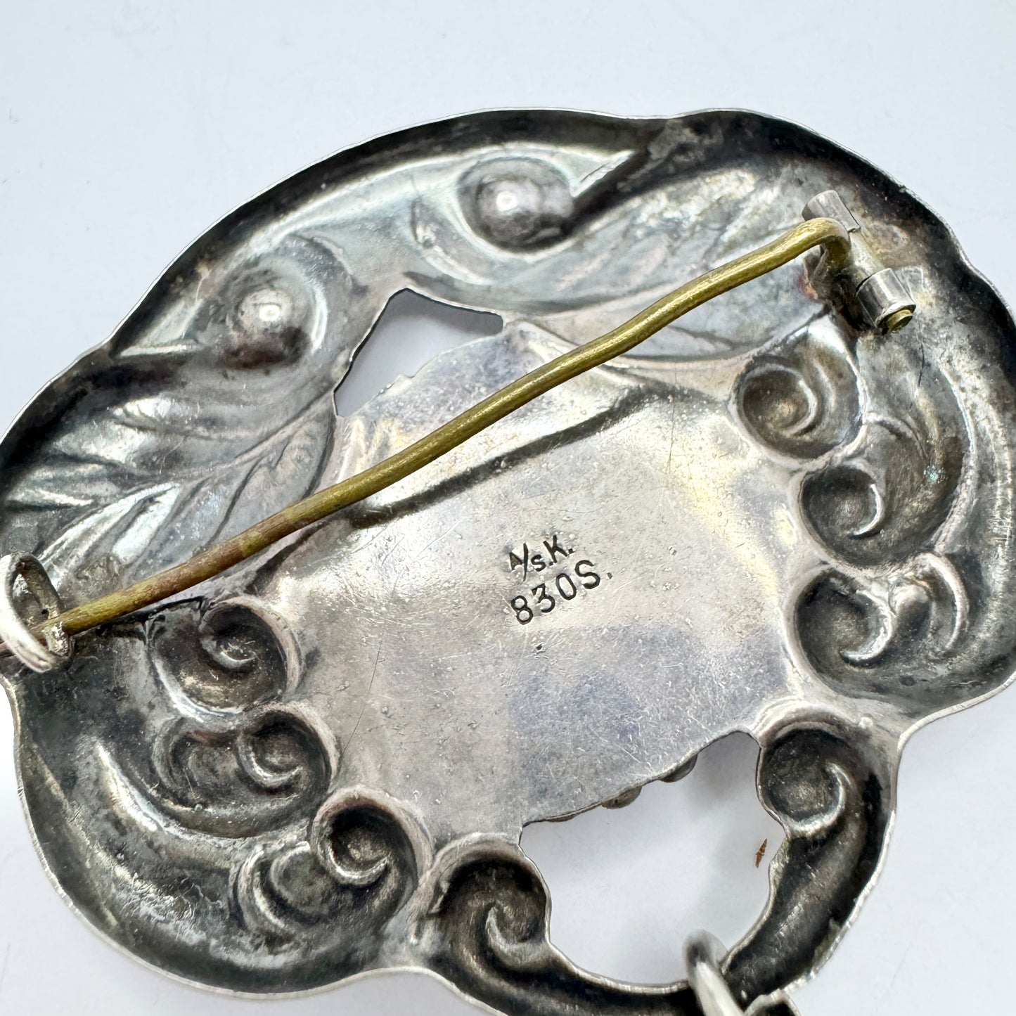 A/S K. Denmark ca 1920. Antique Art Nouveau Skønvike Silver Amber Brooch.