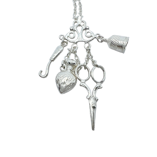Vintage Sterling Silver Miniature Utensils Pendant Necklace.