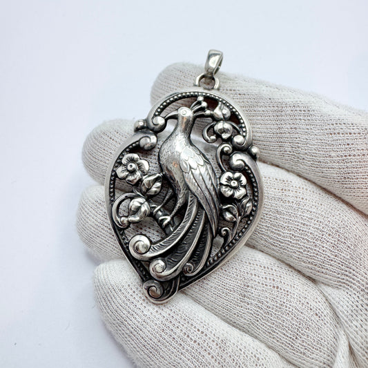 G Dahlgren, Sweden year 1950. Large Vintage Sterling Silver Peacock Pendant.