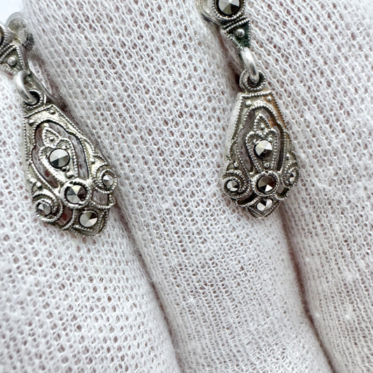 Vintage c 1930s Solid Silver Marcasite Earrings.