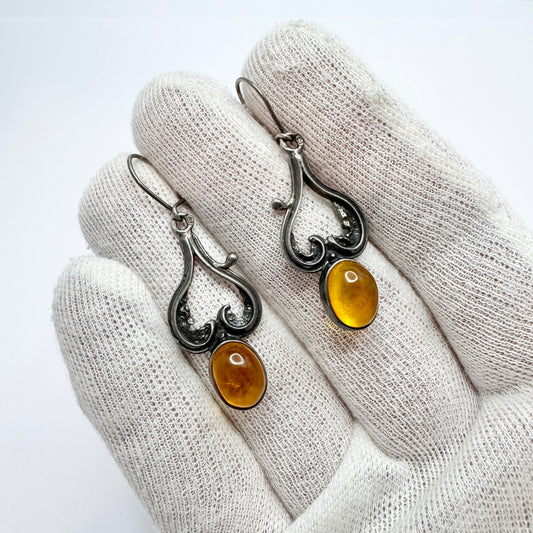 EJ, Poland. Vintage Sterling Silver Amber Earrings.