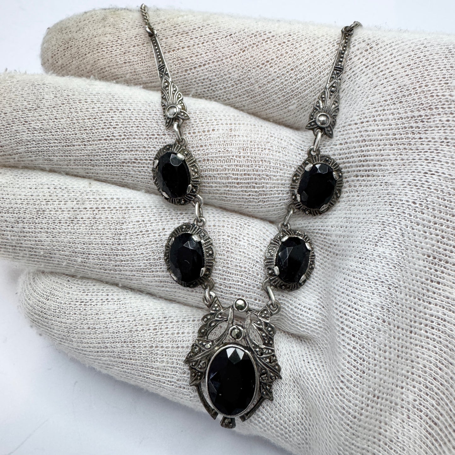 Antique Jugendstil Solid Silver Onyx Marcasite Necklace.