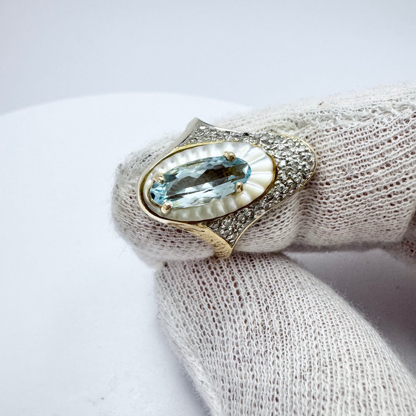 Erté, Circle of Fine Arts. 14k Gold Diamond Topaz MoP Ring.