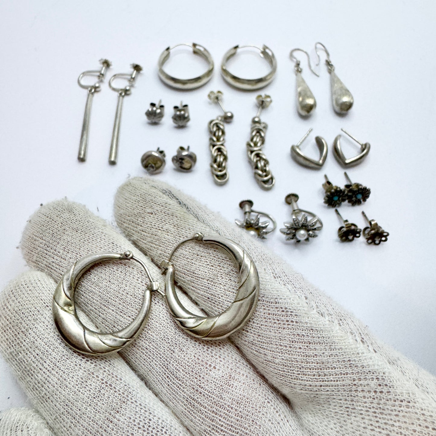 Job Lot. Vintage Solid Silver Earrings. 12 Pair.