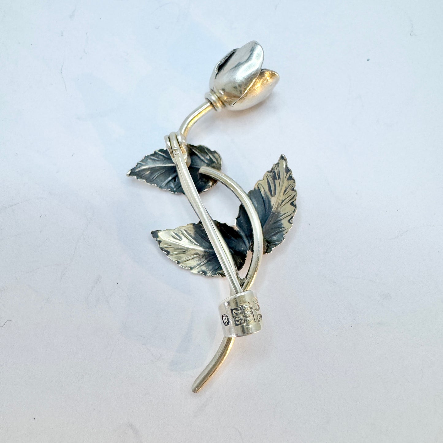 Asa-Silver H Olsson, Sweden year 1950. Vintage Silver Rose Flower Brooch.