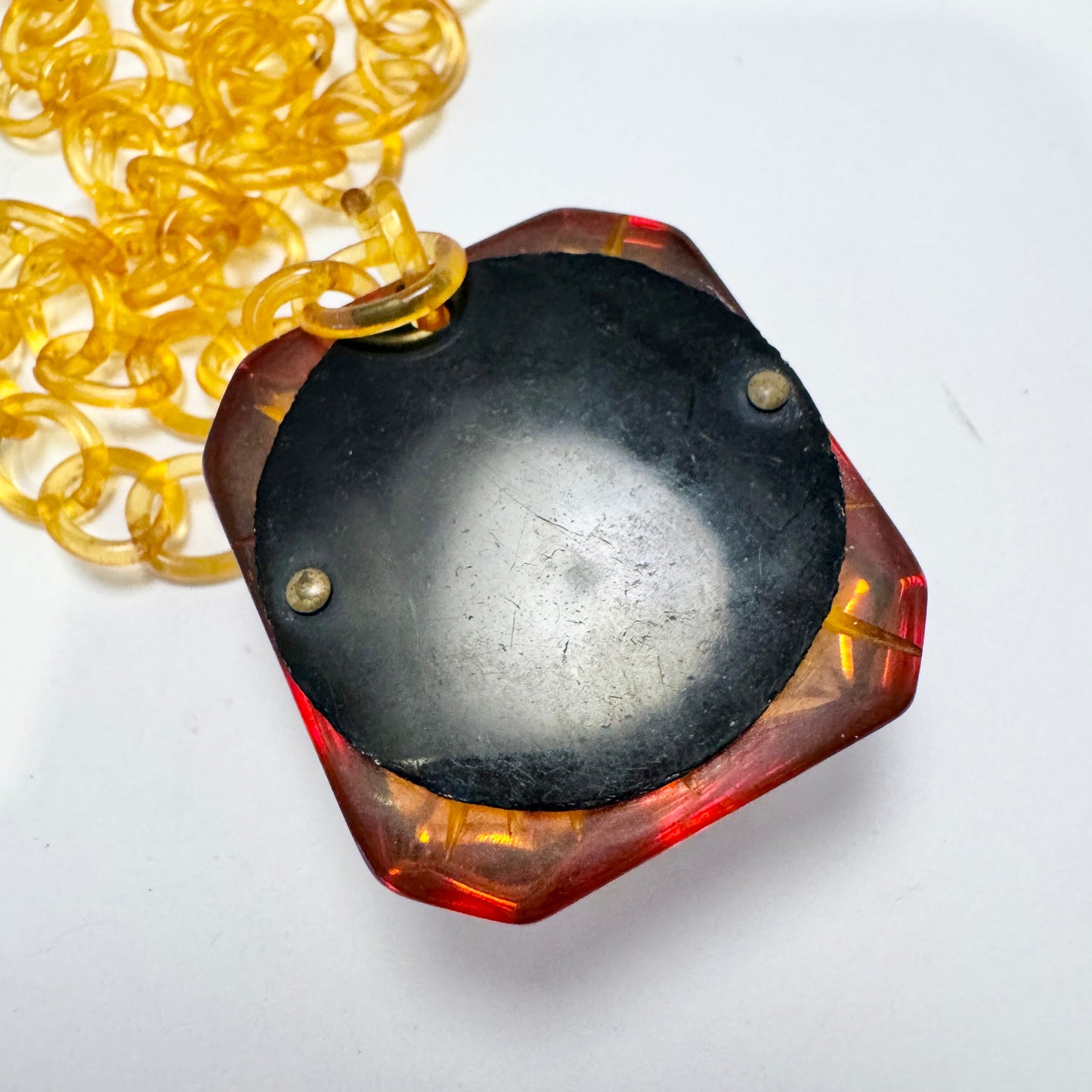 Vintage Reverse Carved Flower Apple Juice Bakelite / Early Plastic Pendant Necklace