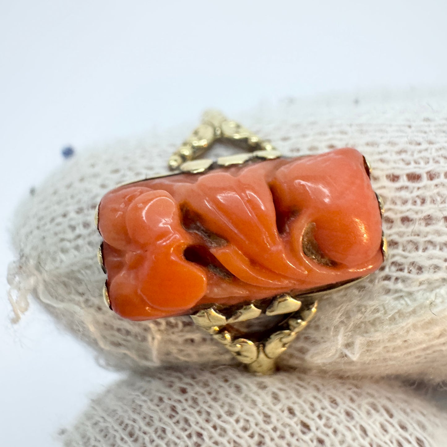 Knud Georg Jensen, Denmark Antique Art Nouveau 14k Gold Carved Coral Ring.