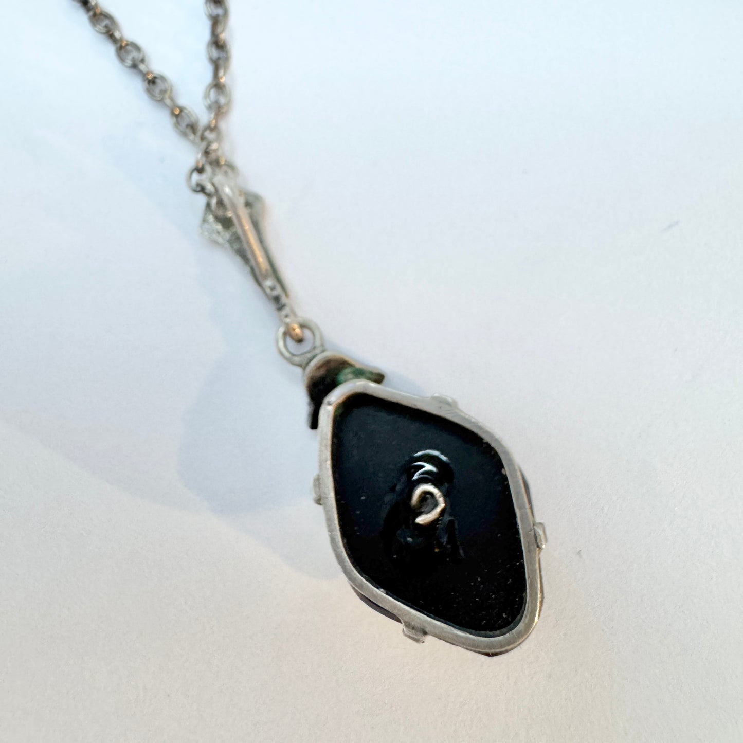 Antique c 1900. Solid Silver French Jet Paste Marcasite Pendant Necklace.