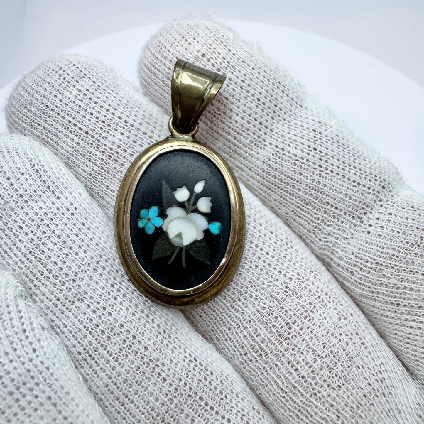 Antique Early 1900s. Pietra Dura Yellow Metal Locket Pendant.