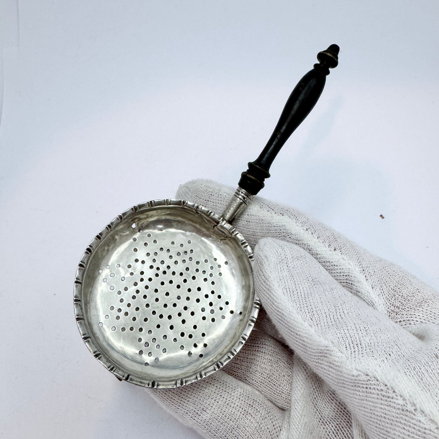 CC Carlén, Sweden year 1845. Antique Solid Silver Wood Tea Strainer.